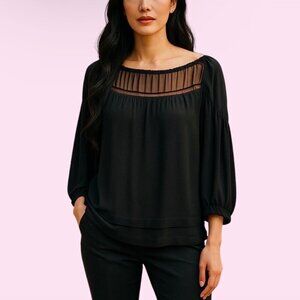Diane Von Furstenberg Blouse Sz.S Black Chiffon Balloon Sleeve Minimalist Classy